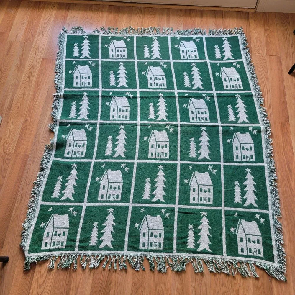VTG Christmas Throw Blanket Woven Cotton Green White Houses Trees Reversible
